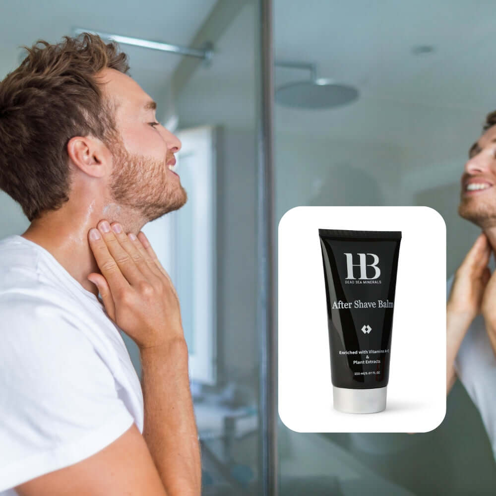 Man applying after shave balm in a bathroom with an inset of HB After Shave Balm.