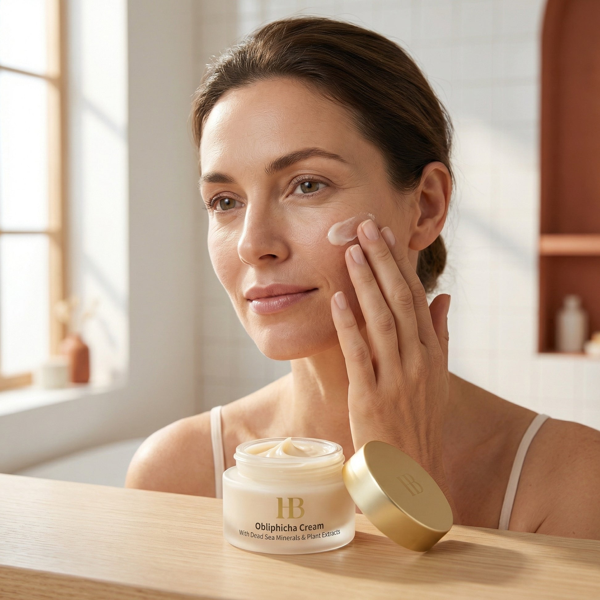 Woman applying cream to her face with a jar of cream on a table.