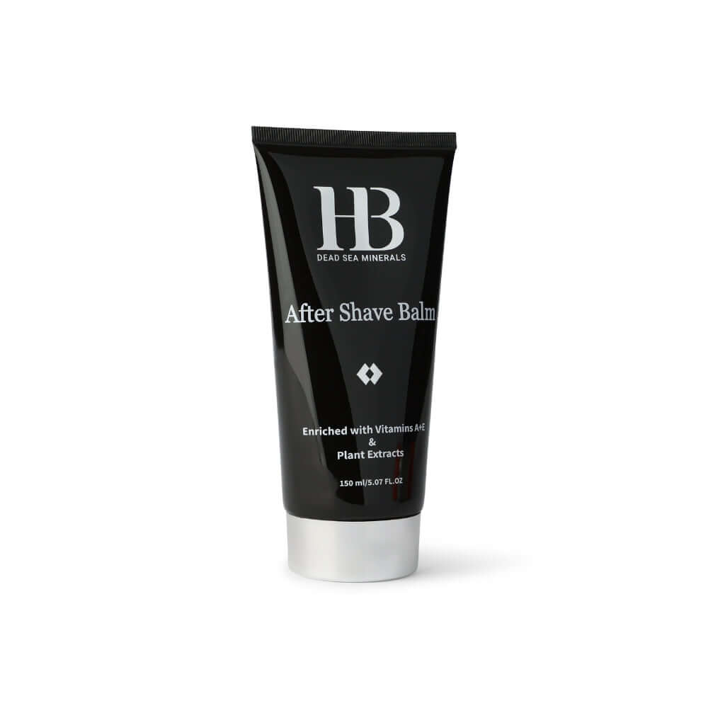 Black tube of after shave balm with 'HB' branding on a white background