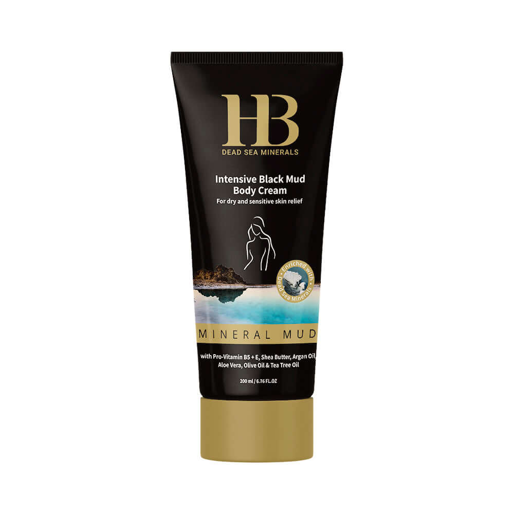 Tube of HB Dead Sea Minerals Intensive Black Mud Body Cream on a white background