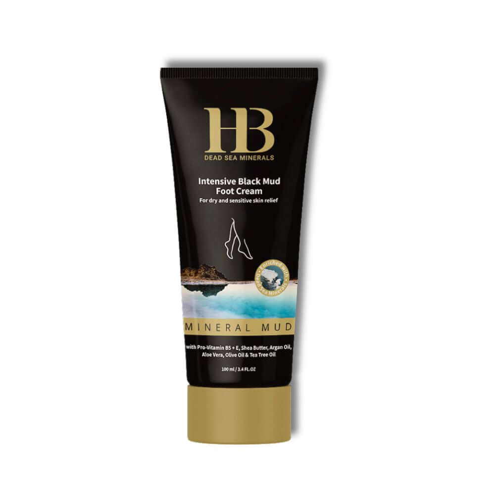 Tube of HB Dead Sea Minerals Intensive Black Mud Foot Cream on a white background