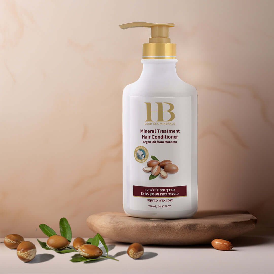 HB Mineral Treatment Hair Conditioner bottle with almonds and leaves on a wooden platform against a beige background